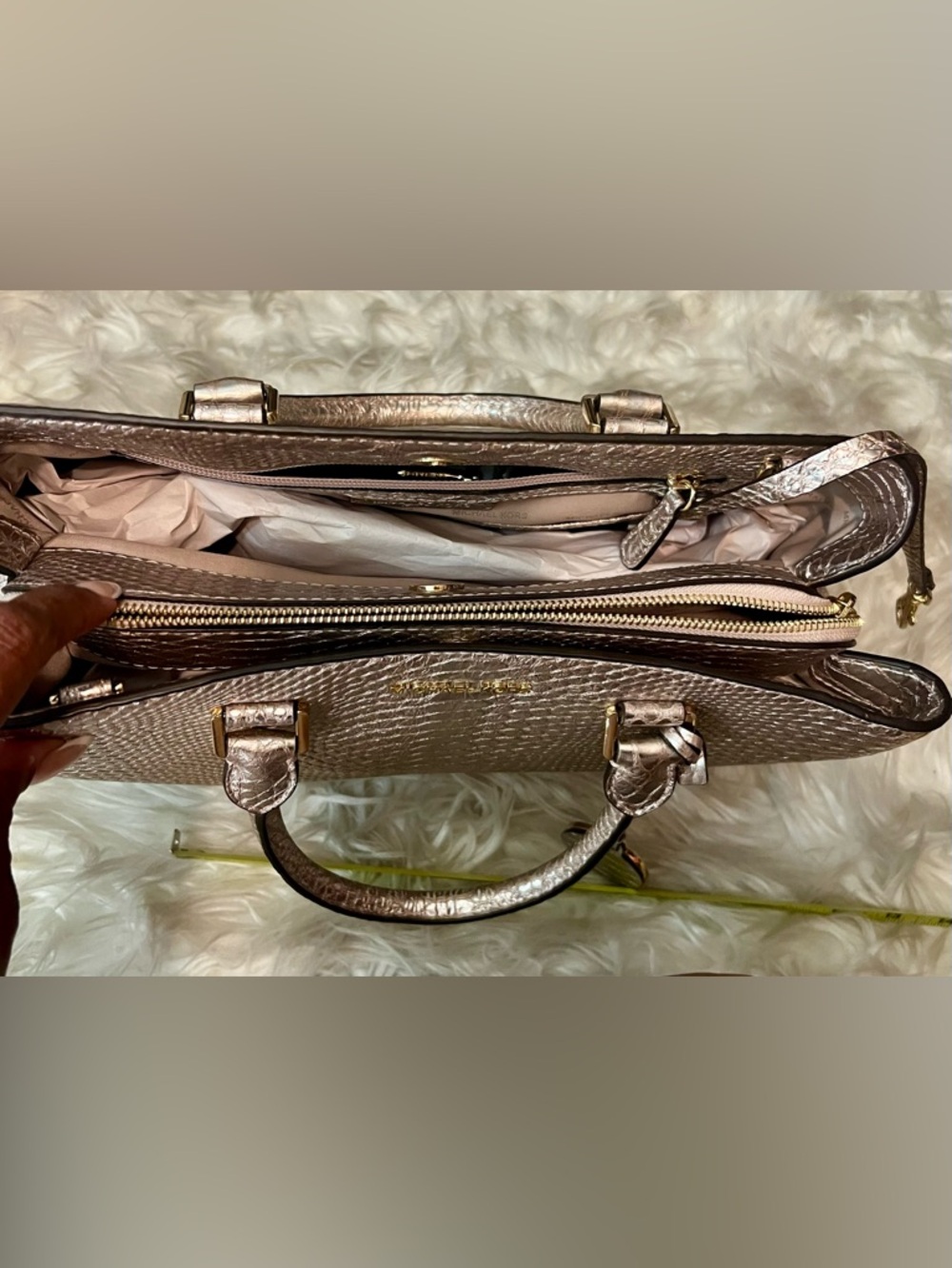 Michael Kors Metallic Golden BronzeSnake-Embossed Top-Handle Satchel - Picture 10 of 16